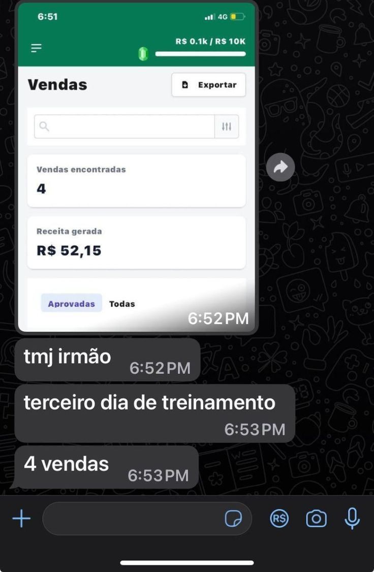 Mensagem de aluno mostrando quatro vendas no terceiro dia de treinamento